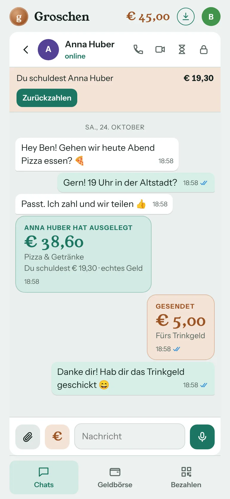Groschen-Chat: Anna hat 38,60 € für Pizza ausgelegt, Ben schuldet 19,30 € und hat 5 € Spielgeld als Trinkgeld geschickt
